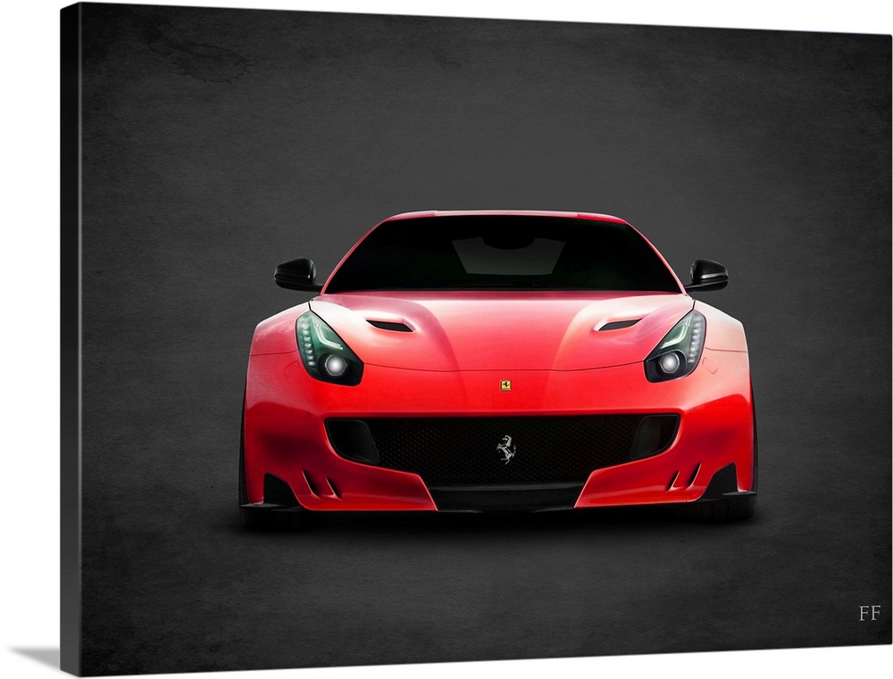 Photograph of a red Ferrari FF printed on a black background with a dark vignette.