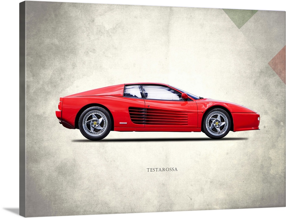 Photograph of a red Ferrari Testarossa 1996 printed on a distressed white and gray background with part of the Italian fla...