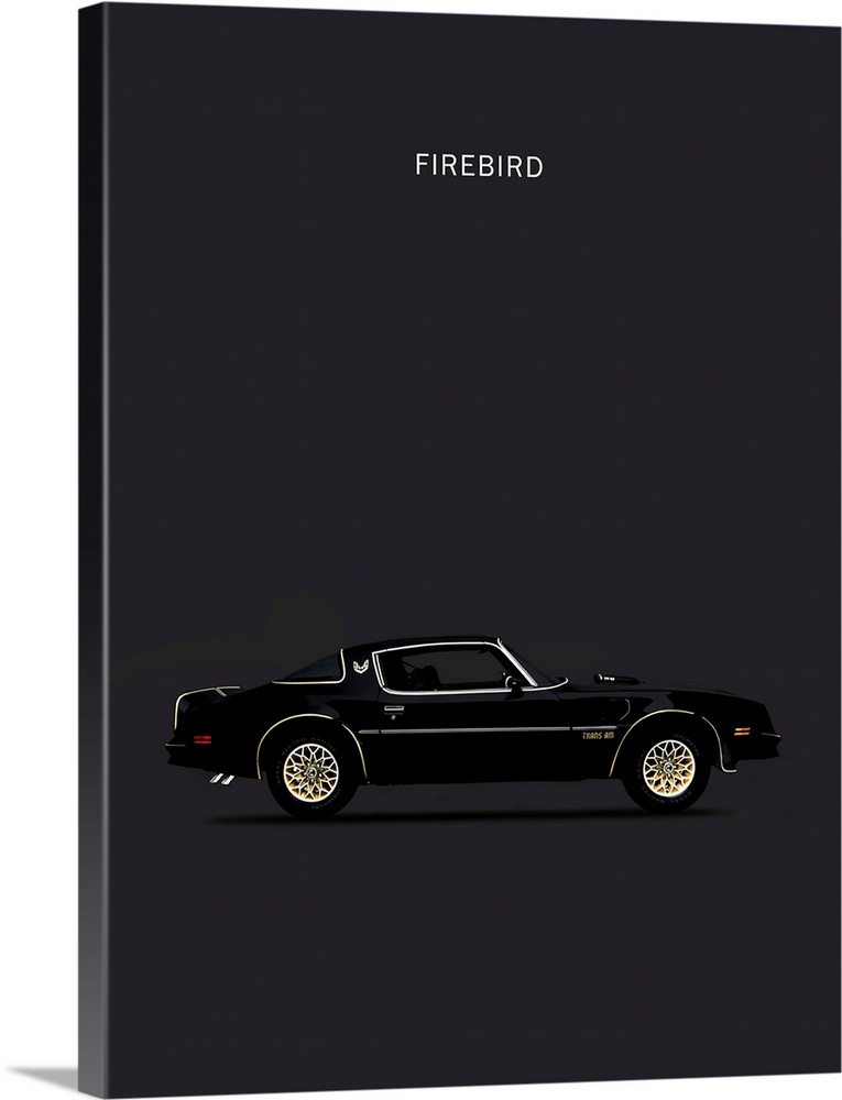 Photograph of a black and gold Firebird 78 printed on a black background
