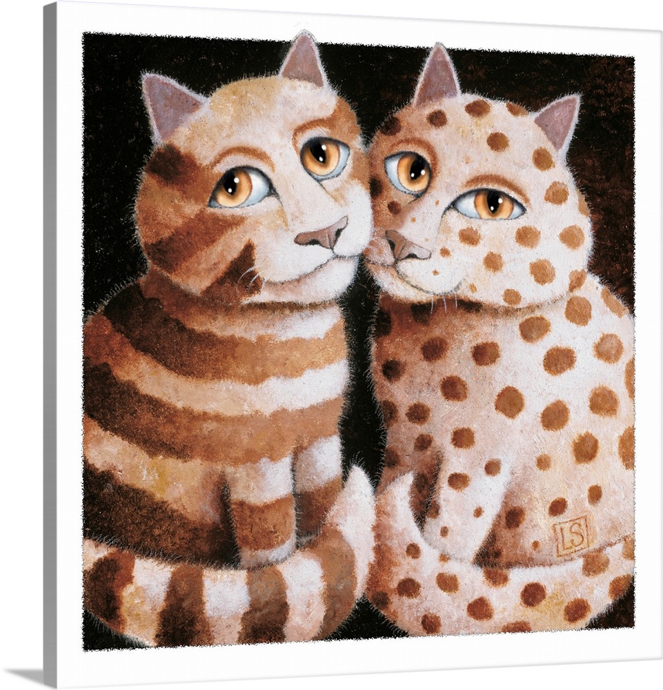 Square painting of two patterned cats in sepia tones with a black background and a white border.