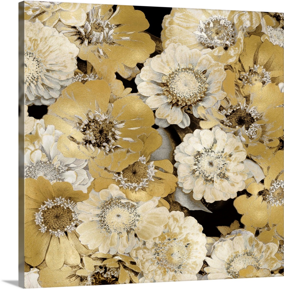 Decorative artwork featuring soft flowers in shades of gold over a black background.