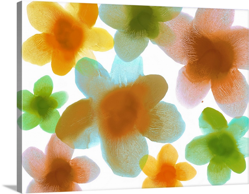 Large floral prints in shades of blue, green, yellow, orange, and pink on a solid white background.