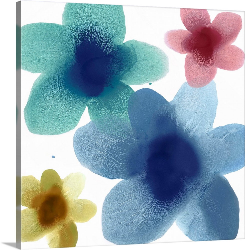 Square abstract art with floral prints in blue, teal, yellow, and pink on a white background.