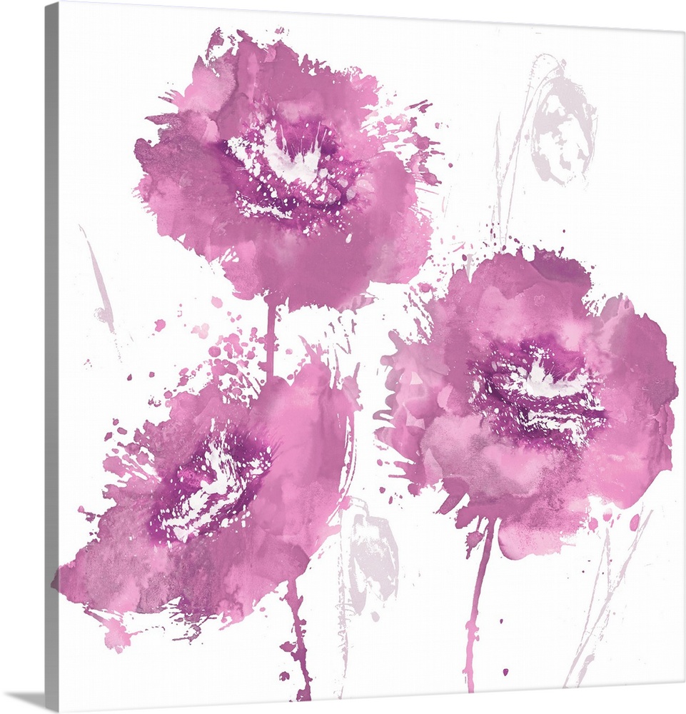 Square decor with three paint splattered flowers in shades of pink.