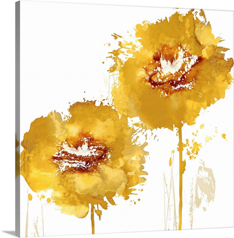 Square decor with two warm paint splattered flowers in gold and orange hues.