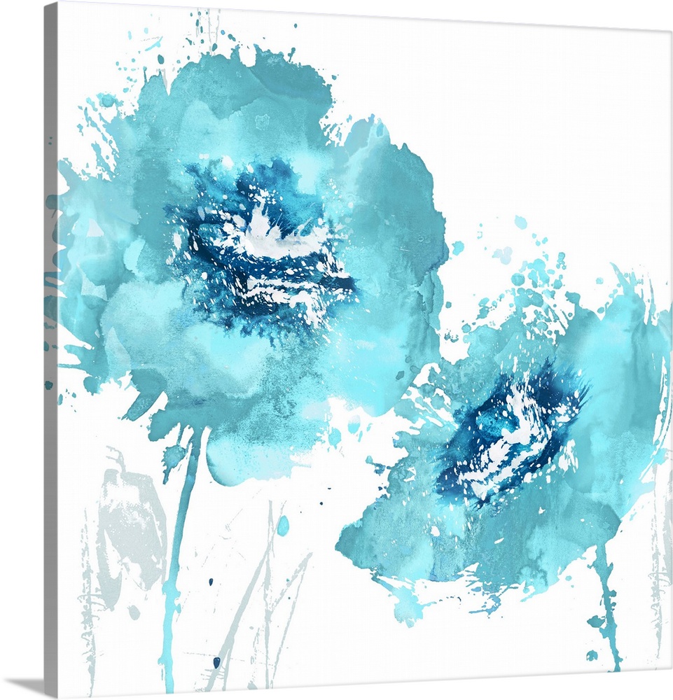 Square decor with two paint splattered flowers in shades of blue.