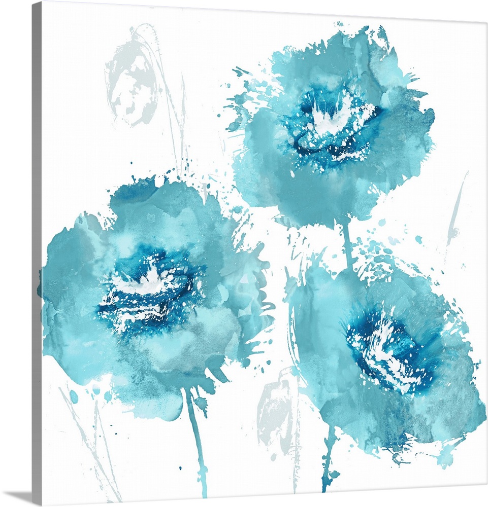 Square decor with three paint splattered flowers in shades of blue.