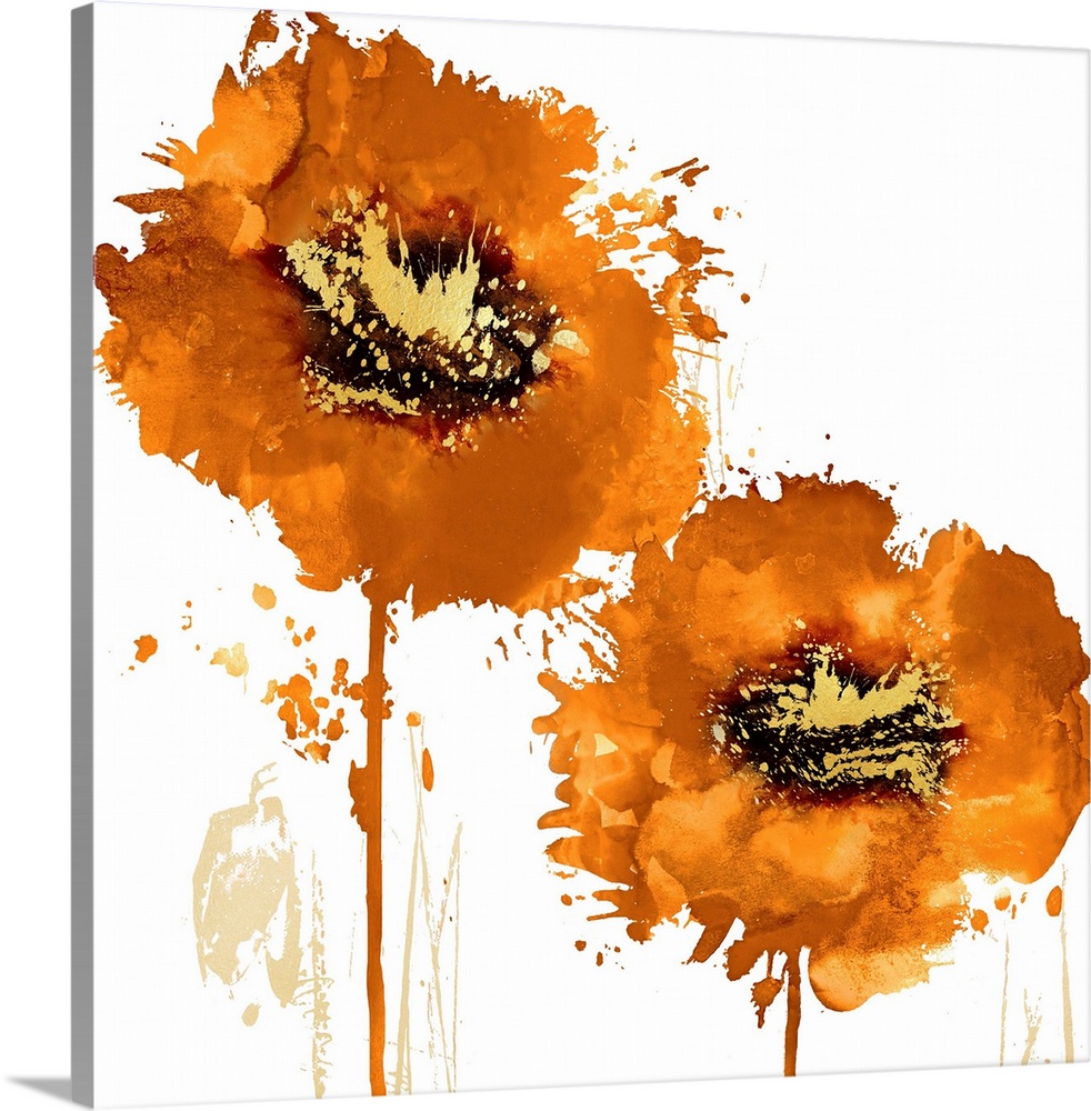 Square decor with two paint splattered flowers in gold and orange hues.