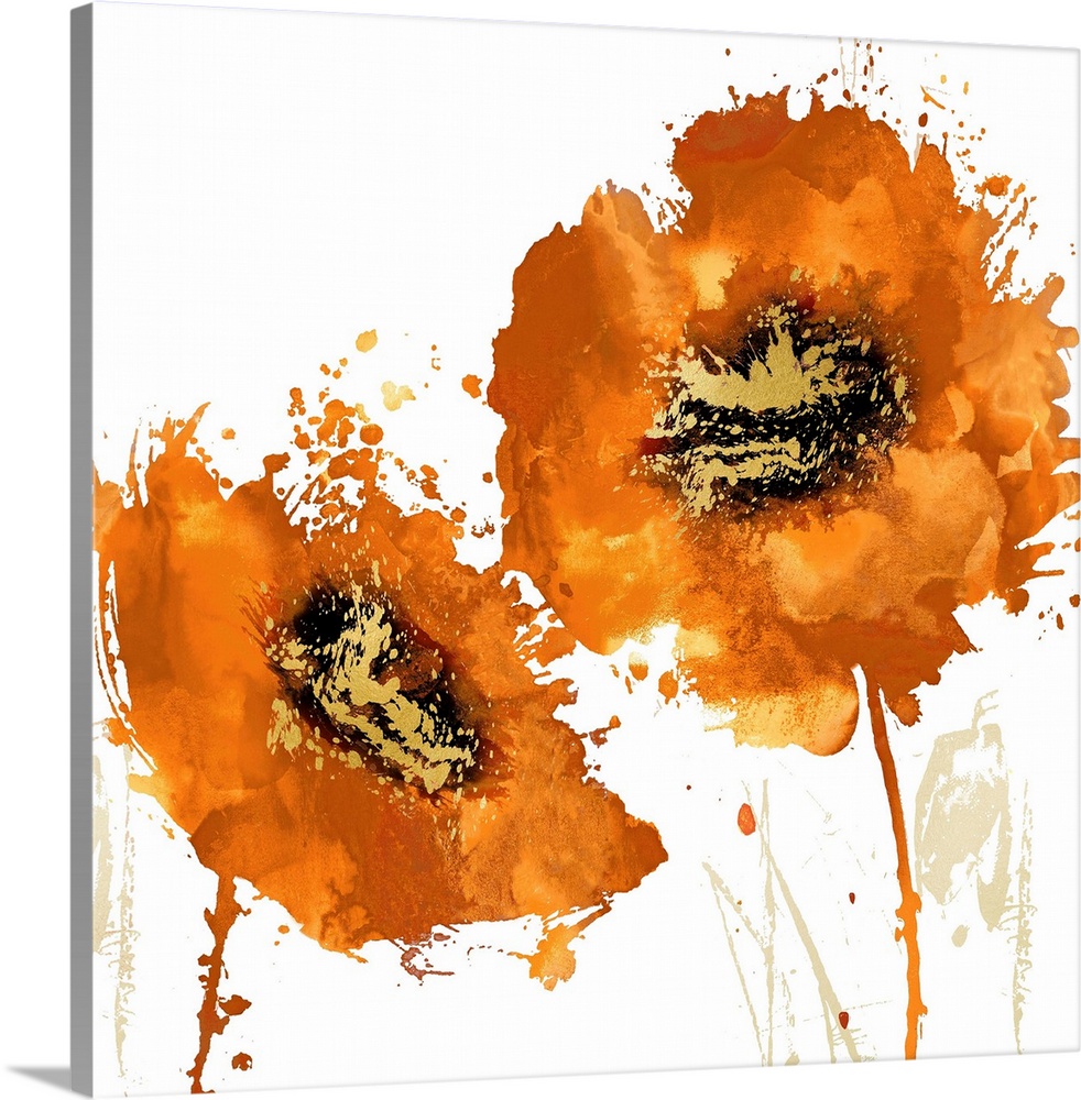 Square decor with two paint splattered flowers in gold and orange hues.