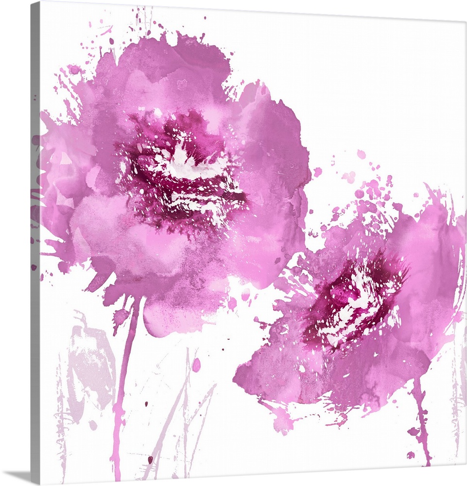 Square decor with two paint splattered flowers in shades of pink.