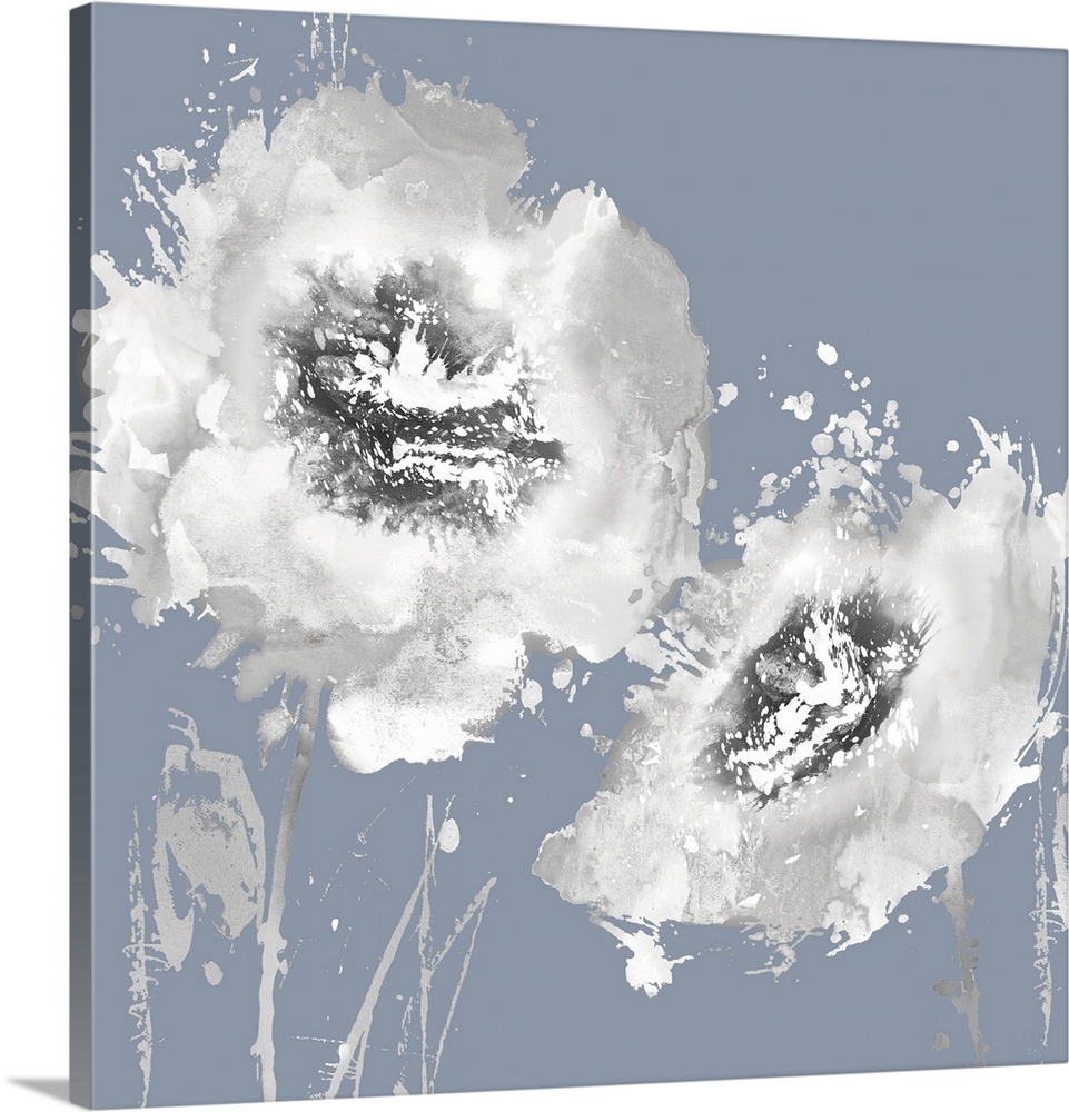Square decor with two paint splattered flowers in silver, white and black hues on a powder blue background.
