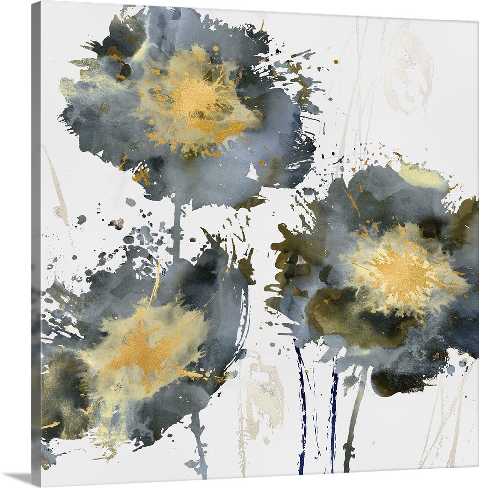 Square decor with three paint splattered flowers in gold, silver, and blue hues.