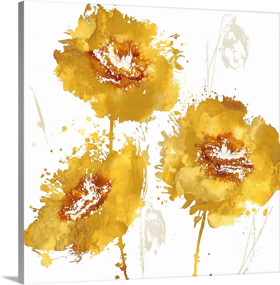 Square decor with three warm paint splattered flowers in gold and orange hues.