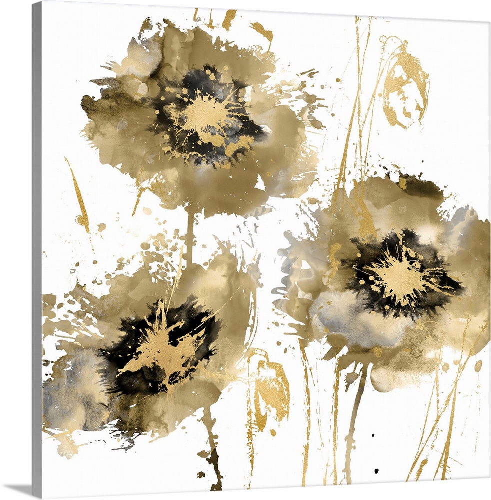 Square decor with three paint splattered flowers in gold, silver, and black hues.