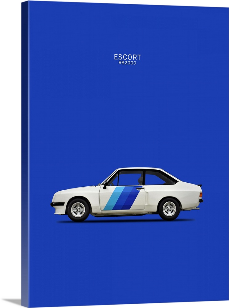 Photograph of a white Ford Escort RS2000 1978 with stripes in three shades of blue printed on a blue background