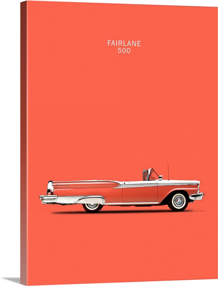 Photograph of a coral pink Ford Fairlane 500 1959 printed on a coral background