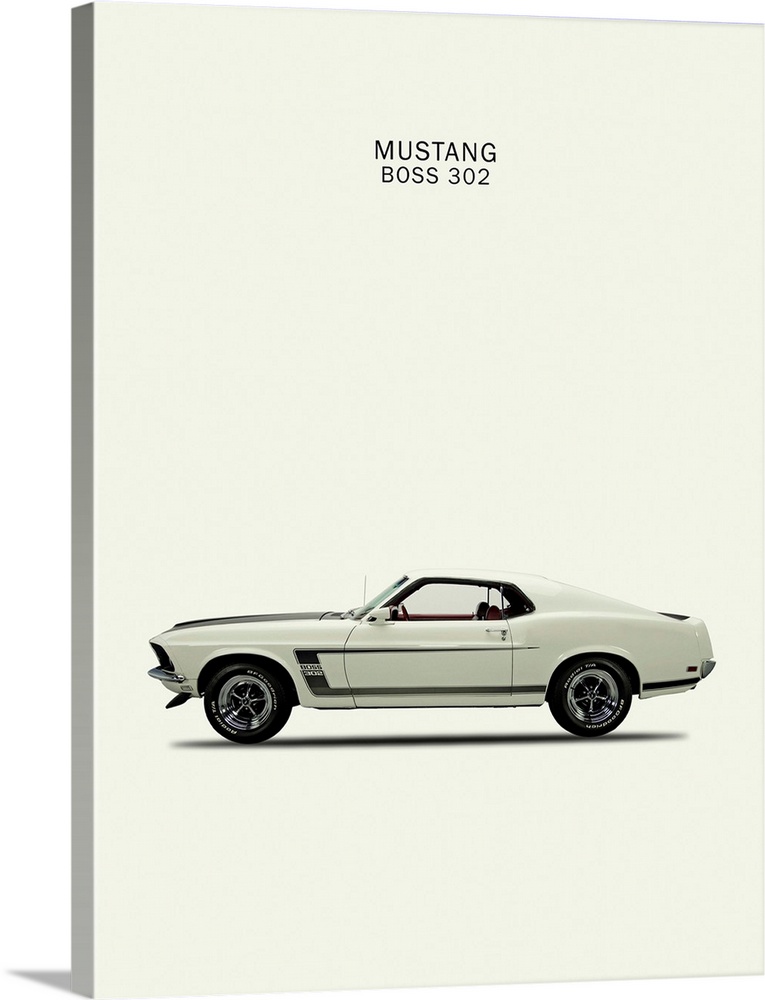 Photograph of a white Ford Mustang Boss302 1969 printed on a white background