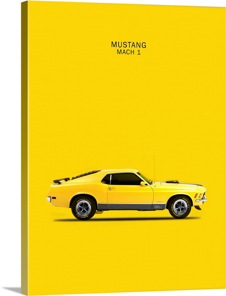 Photograph of a yellow Ford Mustang Mach1 1970 printed on a yellow background