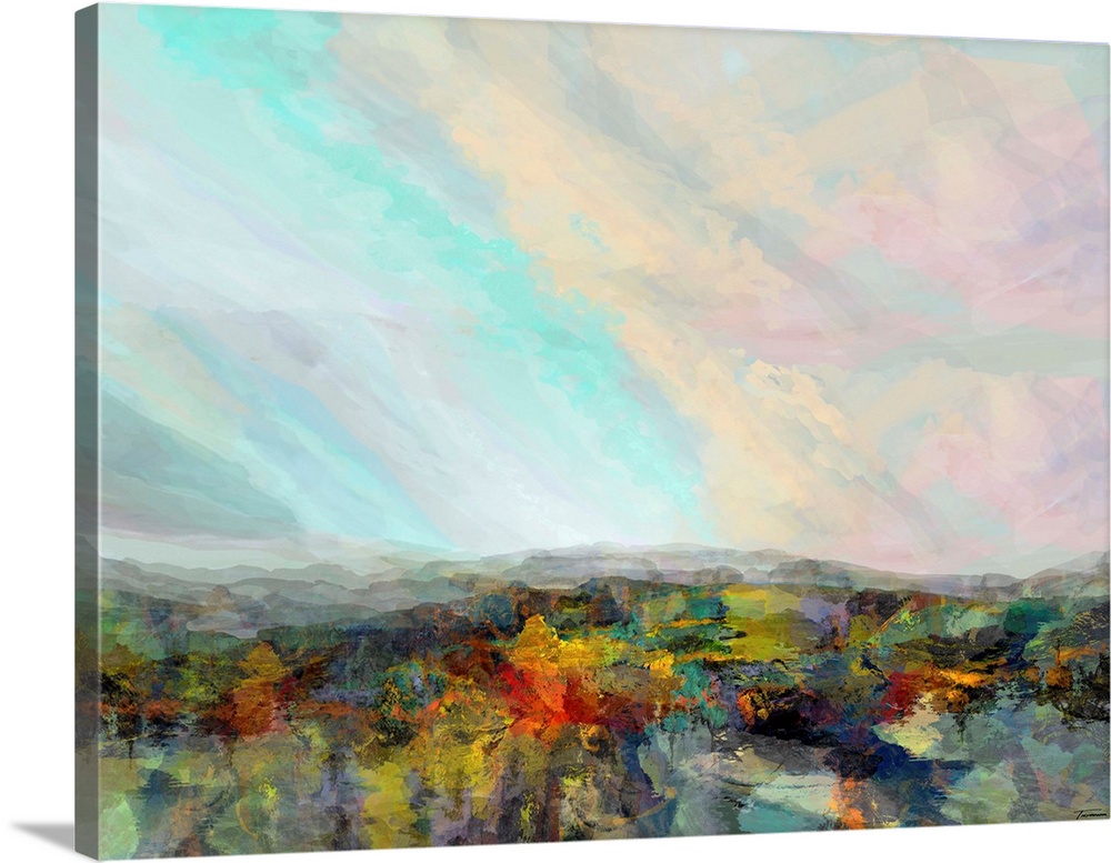 Abstract artwork with a colorful hilly landscape and a pastel sky.