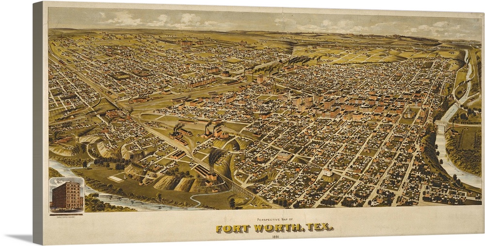 Vintage bird's eye view illustrated map of Fort Worth, Texas from 1891.
