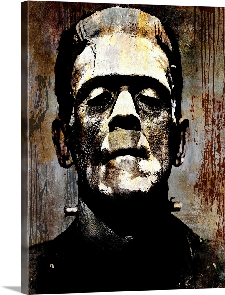 Portrait of Frankenstein in black, gold, gray, and brown hues.
