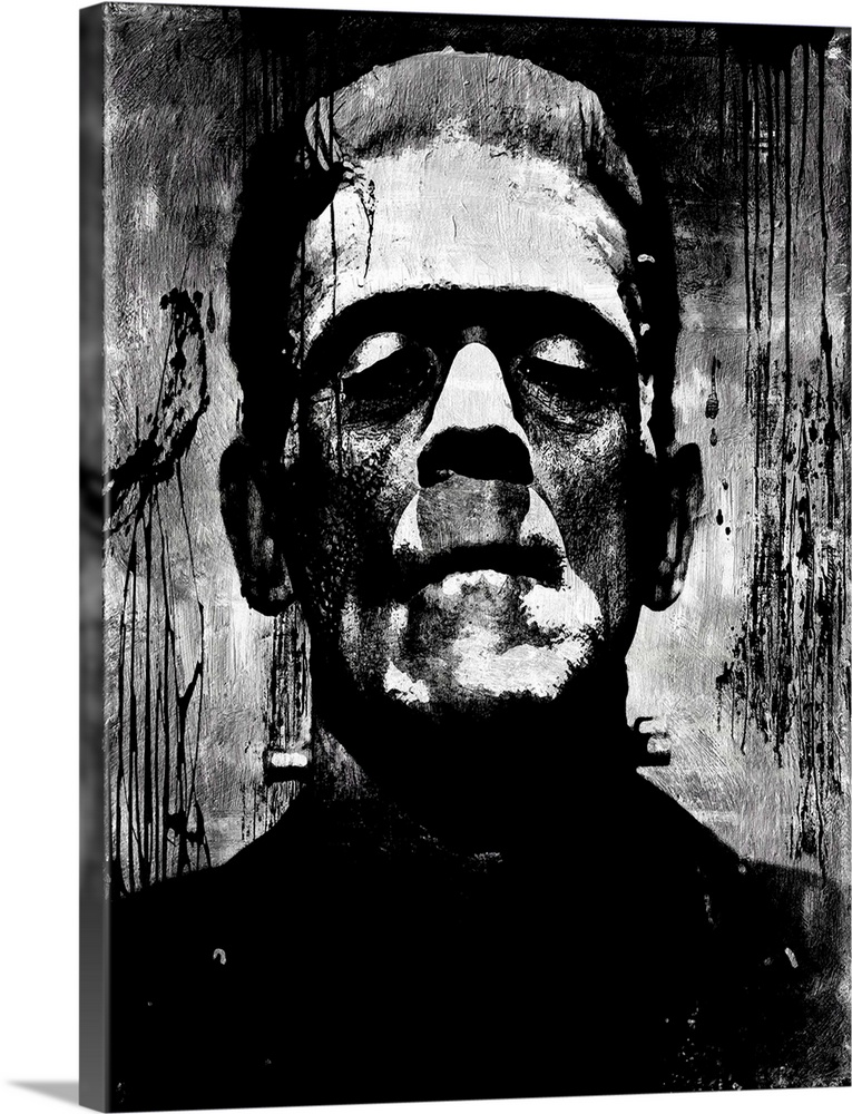 Portrait of Frankenstein in black and white.