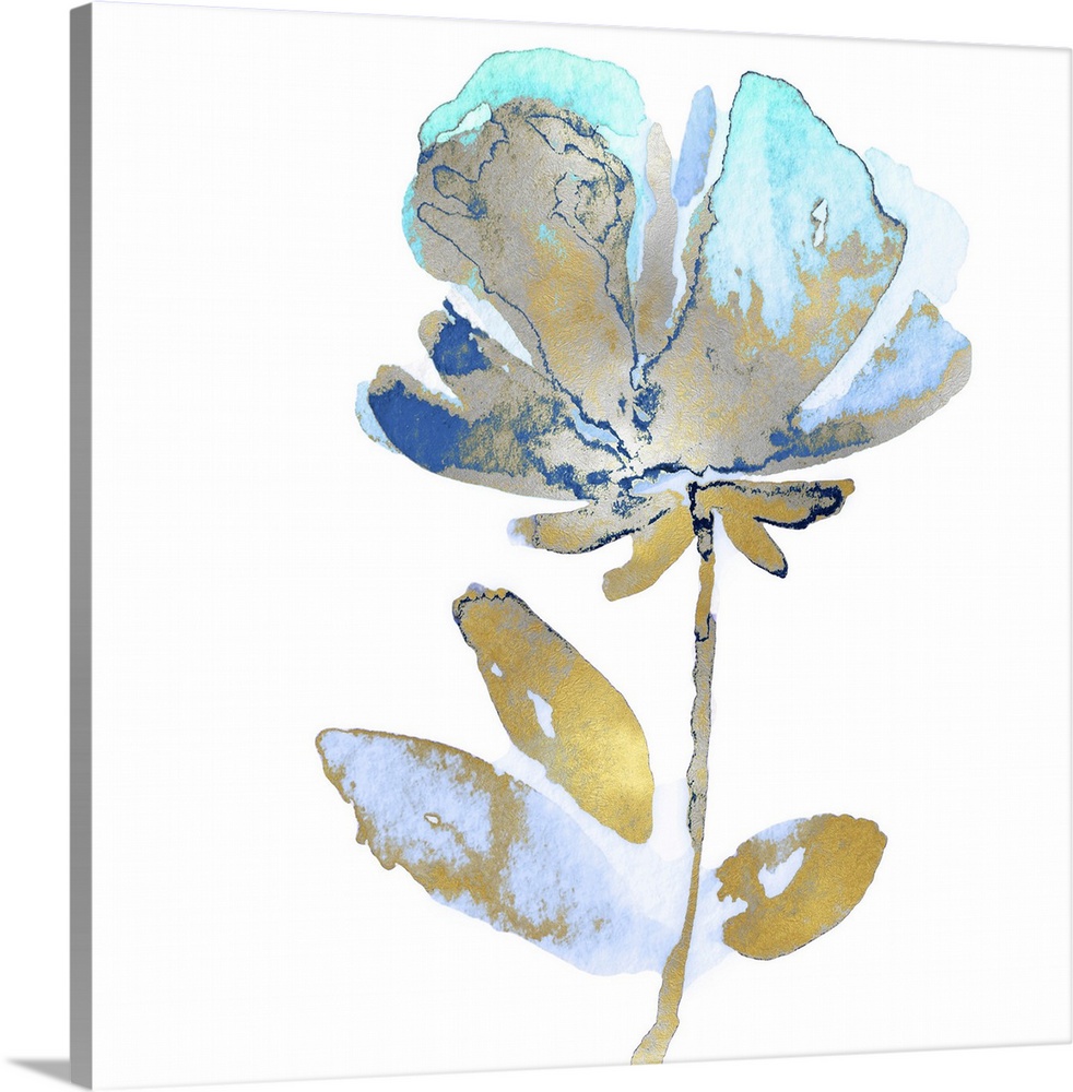 This contemporary artwork features a single golden bloom with aqua petals over a white background.