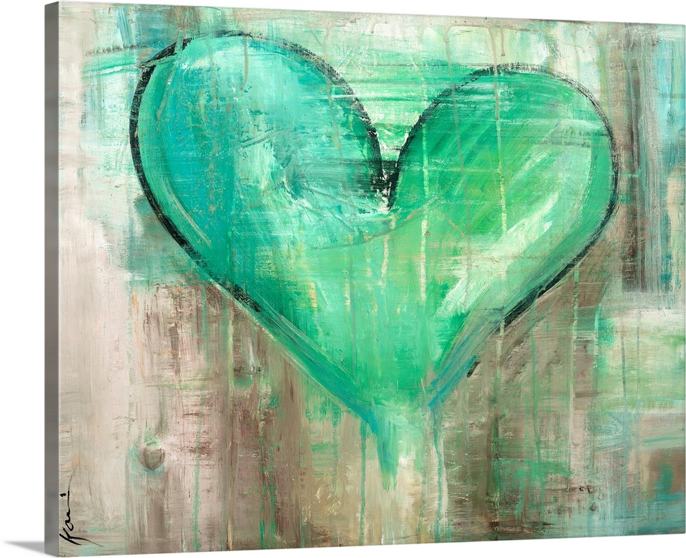 Full of warmth and emotion, this heart artwork is shaped by varying green brush strokes and paint drips.