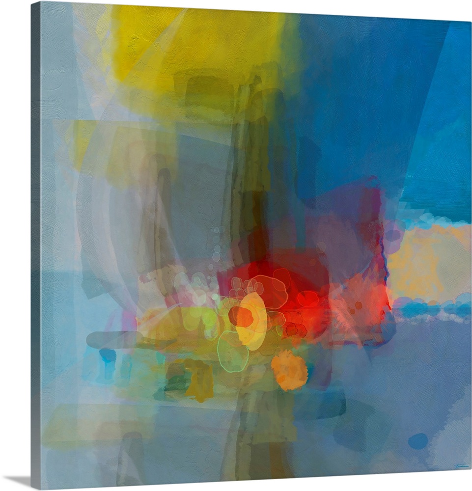 Square abstract artwork with layered translucent hues. Square and rectangular shapes on the outside and circular, oblong s...