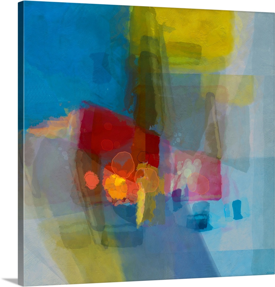 Square abstract artwork with layered translucent hues. Square and rectangular shapes on the outside and circular, oblong s...