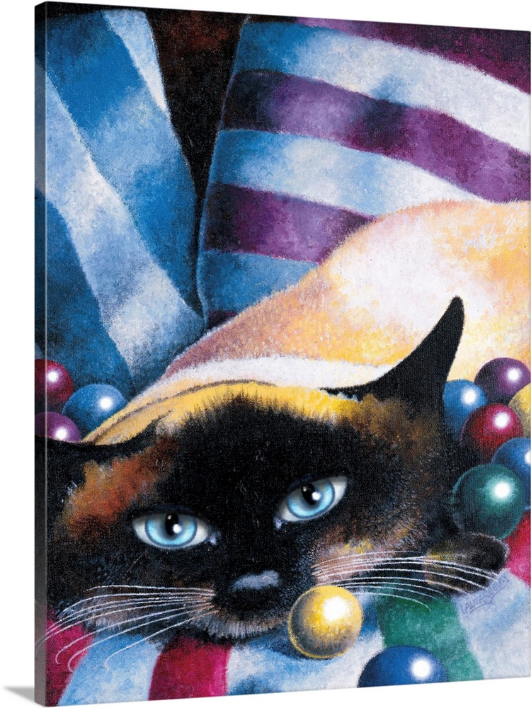 Painting of a cat with a blanket draped over its body and part of its head with colorful balls surrounding him.