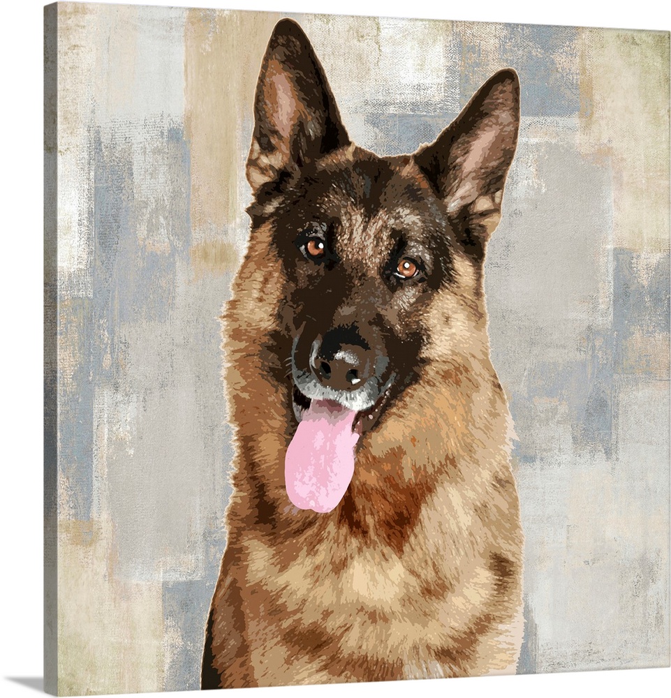 Square decor with a portrait of a German Shepherd on a layered gray, blue, and tan background.
