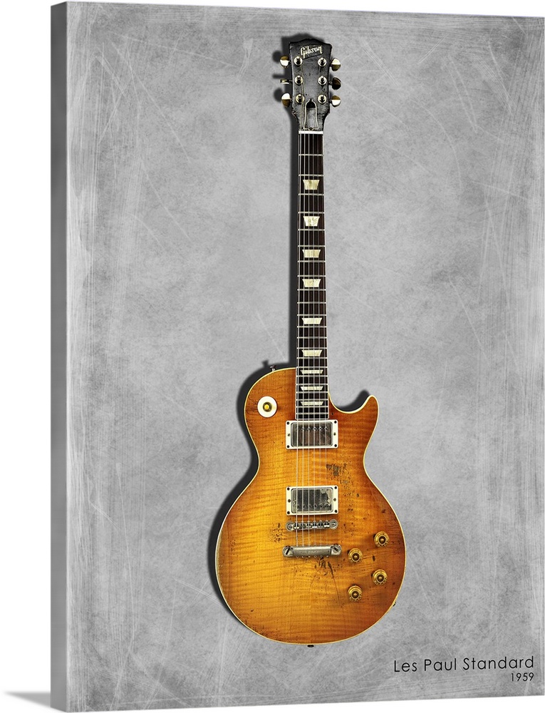 Photograph of a Gibson Les Paul Standard 1959 printed on a textured background in shades of gray.