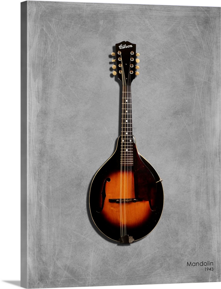 Photograph of a Gibson Mandolin 1943 printed on a textured background in shades of gray.