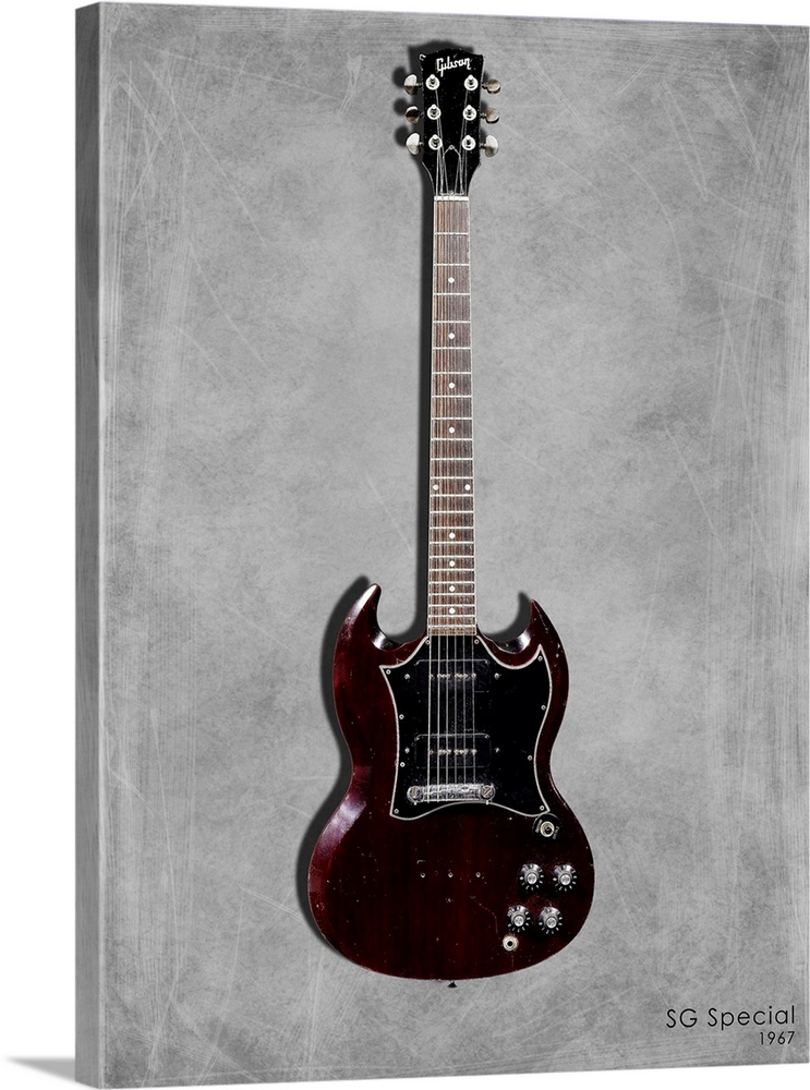 Photograph of a Gibson SG Special 1967 printed on a textured background in shades of gray.