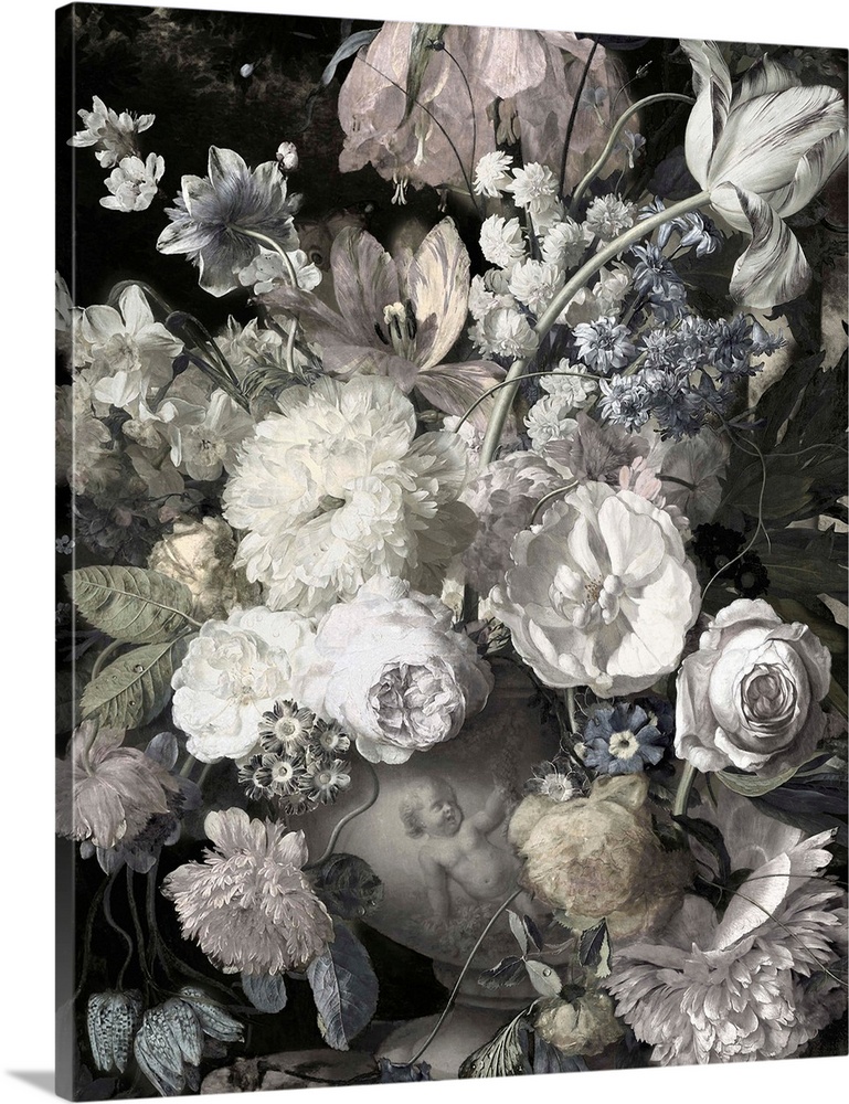 Desaturated artwork showing a romantic bouquet of flowers in a vase with a cherub on it over a dark background.