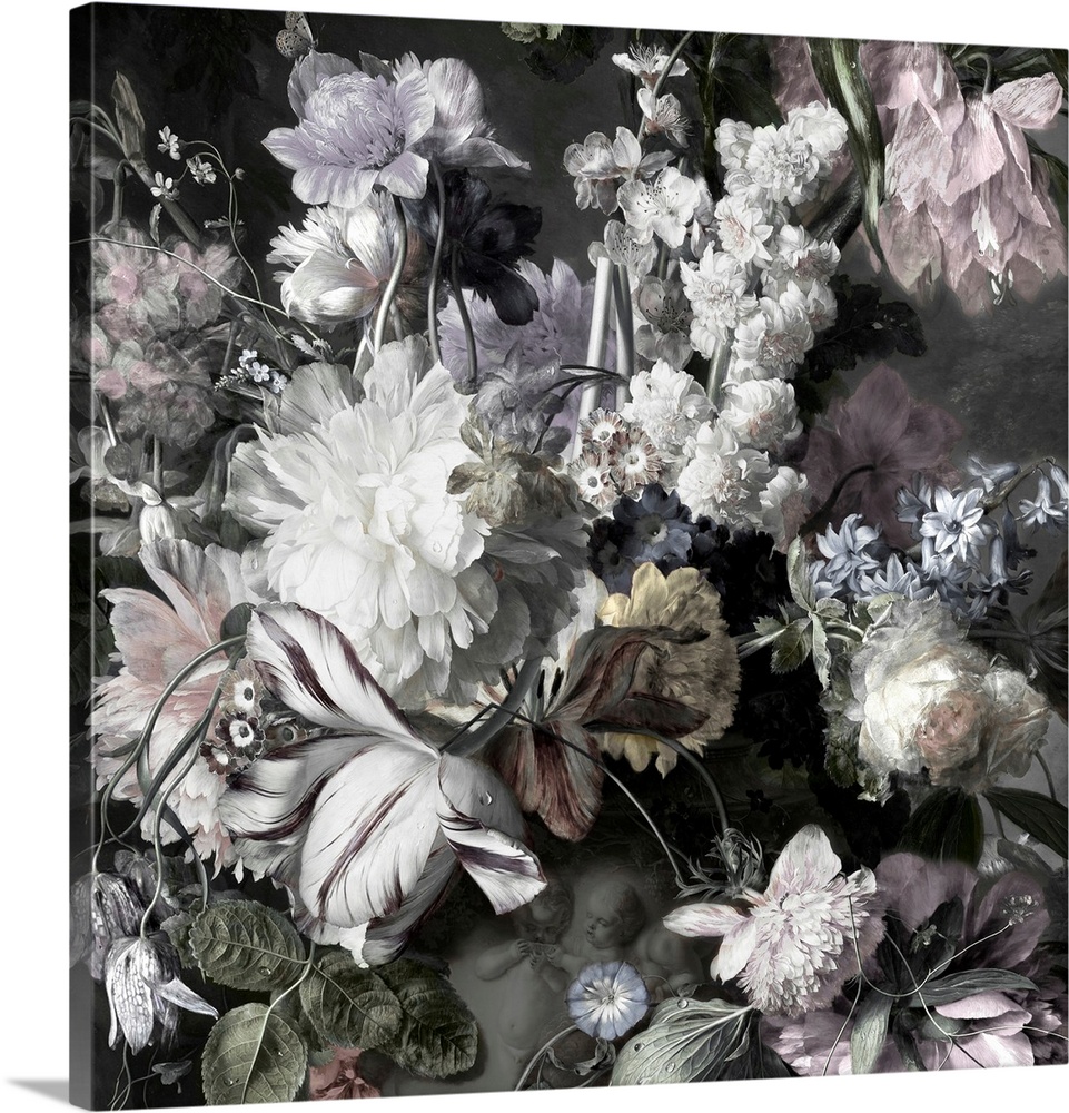 Desaturated artwork showing a romantic bouquet of flowers in a vase with cherubs on it over a dark background.