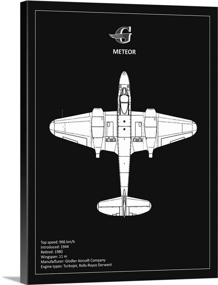Black and white diagram of a Gloster Meteor with written information at the bottom, on a black background.
