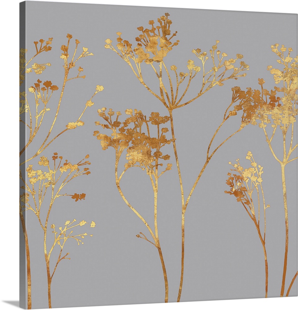 Square floral decor with golden silhouetted flowers on a grey background.