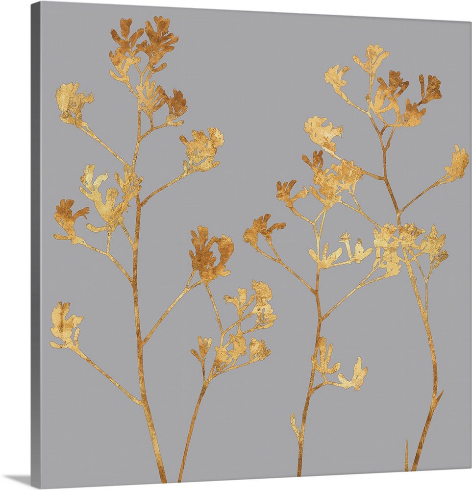 Square floral decor with golden silhouetted flowers on a grey background.