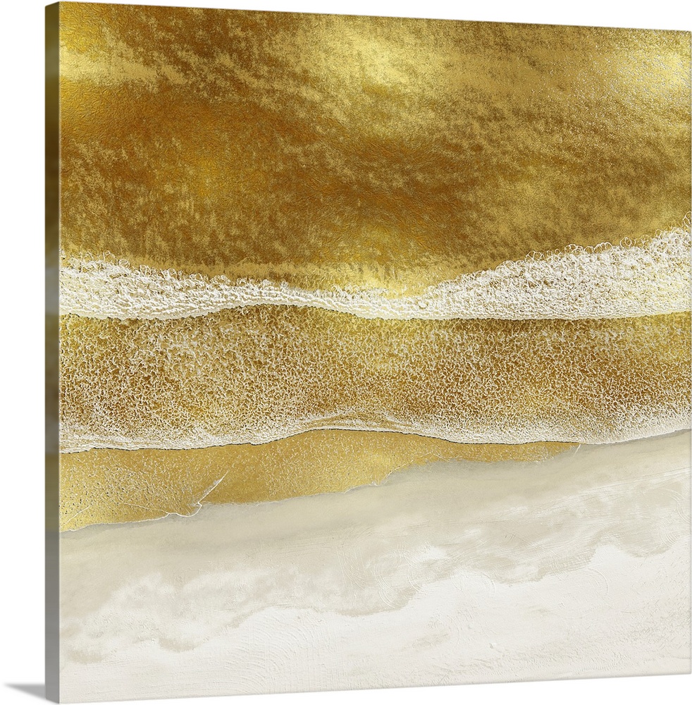 One artwork in a series of aerial shots of a beach as gold waves break upon the shore.