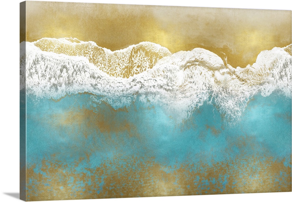 One artwork in a series of aerial shots of a beach as blue waves break upon a gold shore.