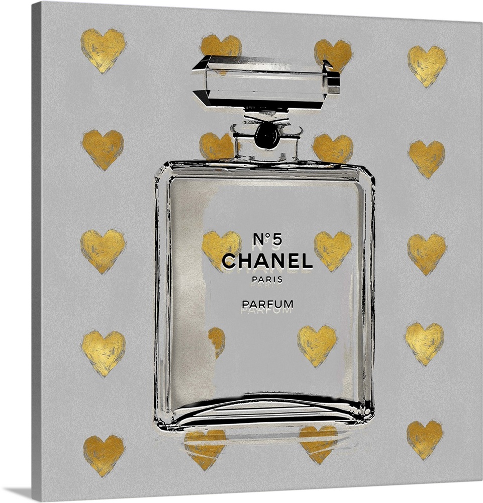 A gray background with hearts peek through a transparent bottle of perfume.