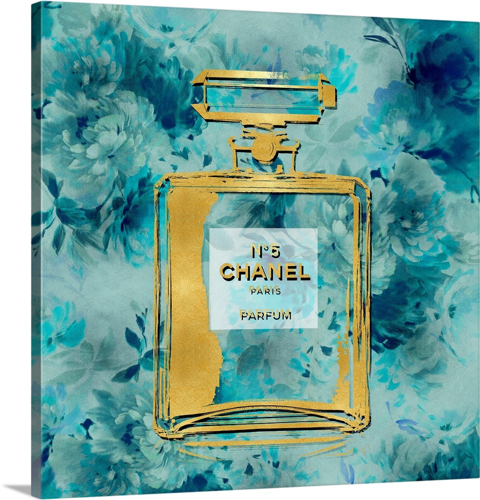 Gold Perfume on Aqua Flowers Solid-Faced Canvas Print