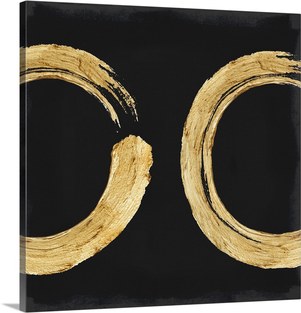 This Zen artwork features two sweeping circular brush strokes in gold over a black background with mottled gray edging.
