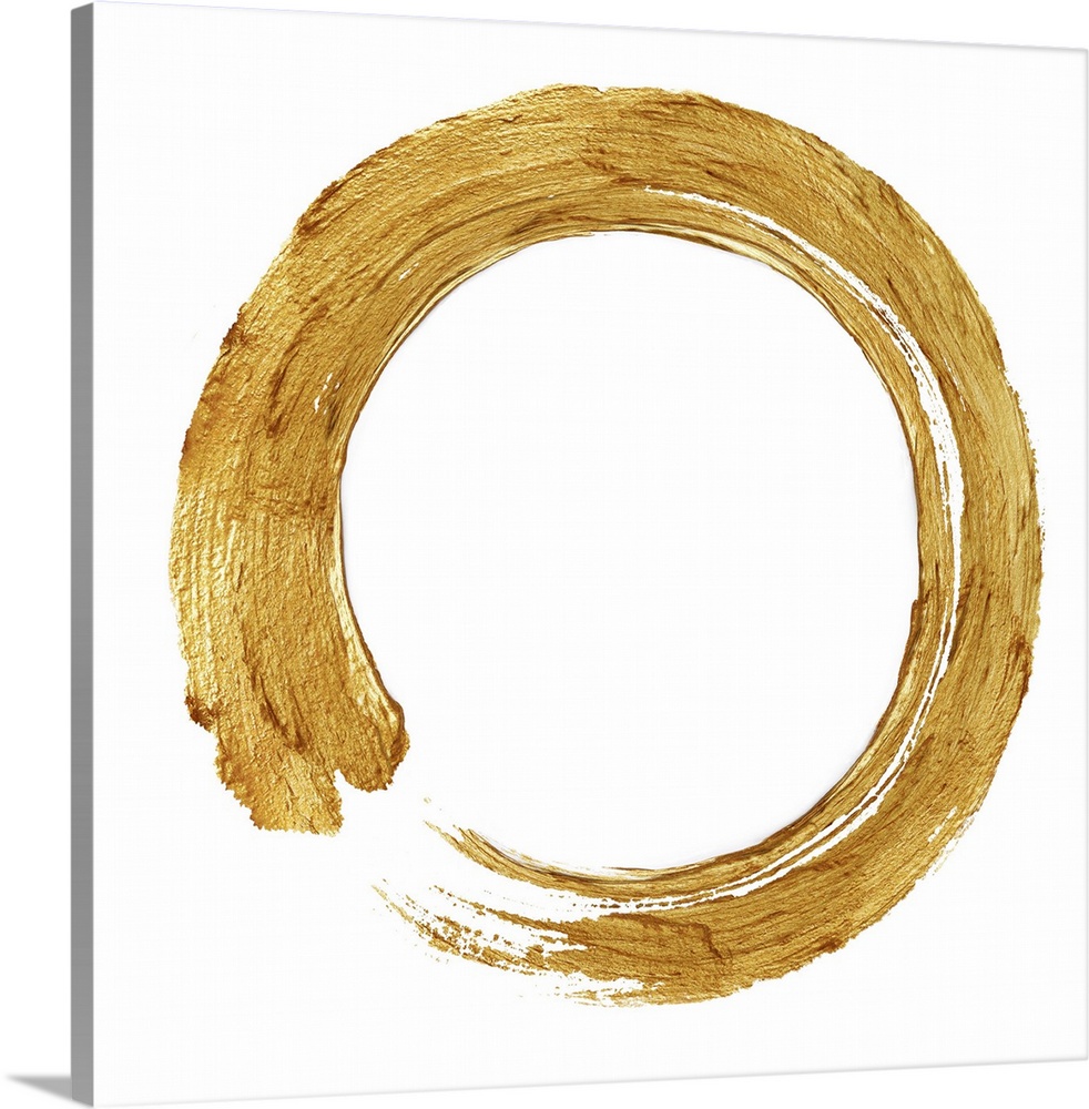 This Zen artwork features a sweeping circular brush stroke in gold over a white background.