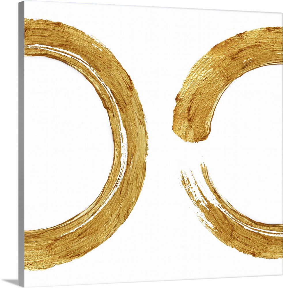 This Zen artwork features two sweeping circular brush strokes in gold over a white background.