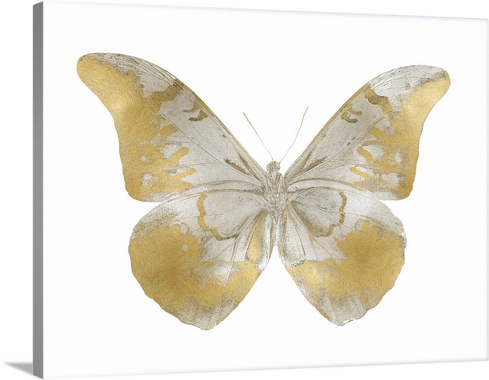 Illustration of a gold and silver butterfly on a white background.