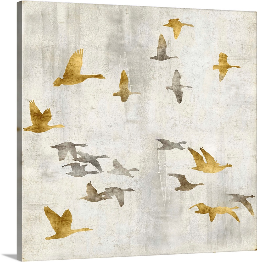 Square decor with gold and silver birds flying on a distressed white background with gold trim.