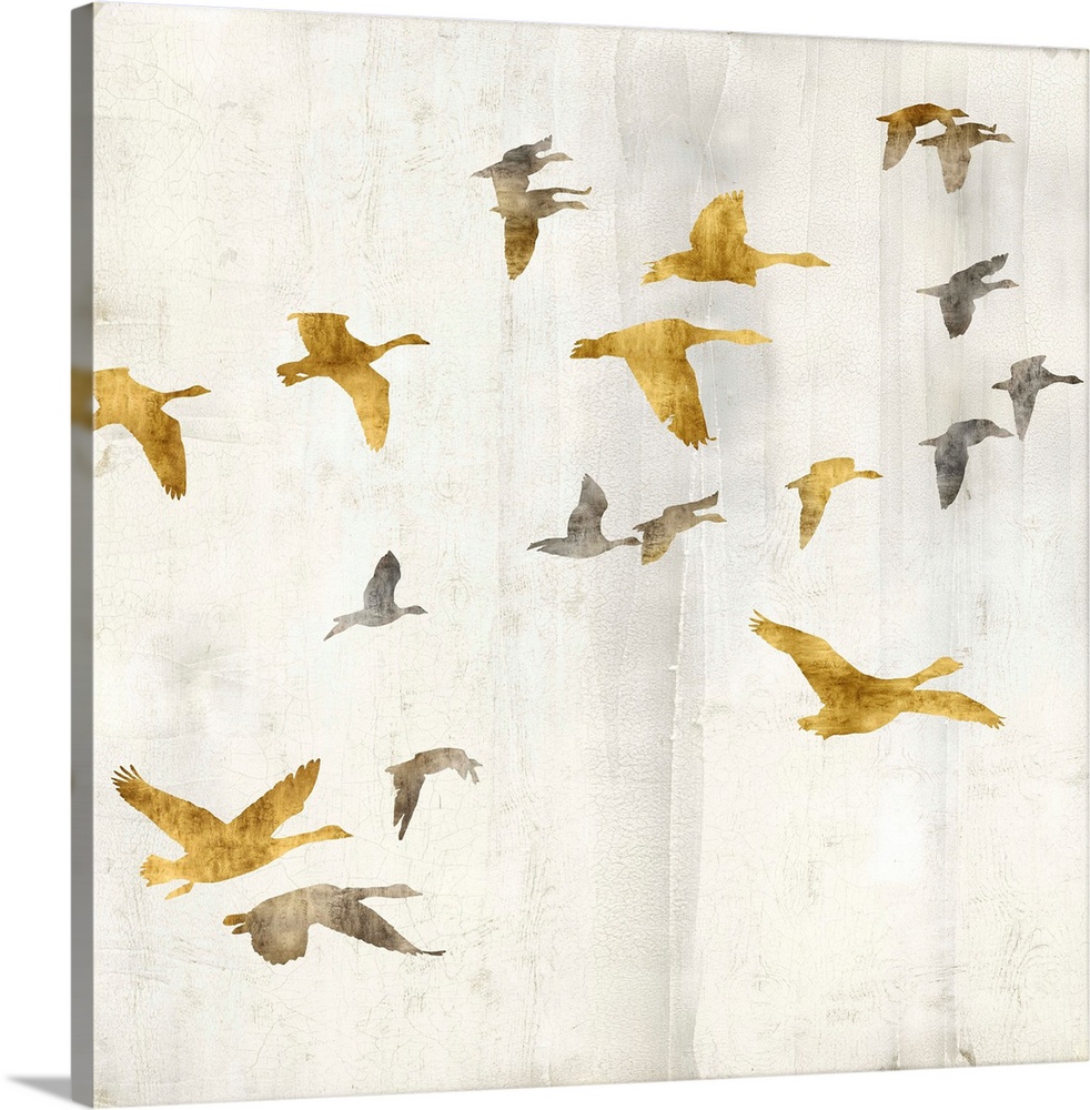 Square decor with gold and silver birds flying on a distressed white background with gold trim.